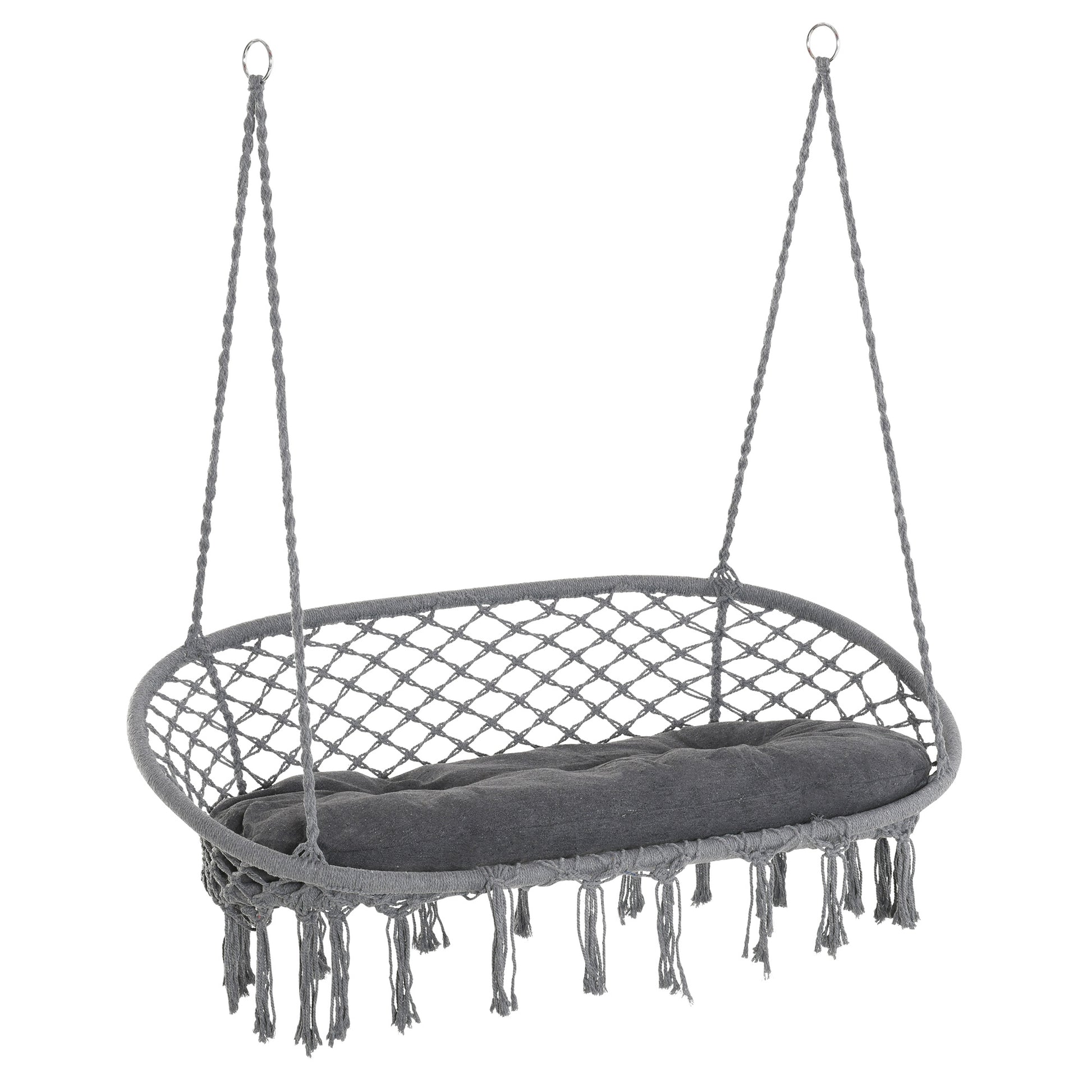 Patio Hammock Chair 2 Seat, Hanging Rope Hammock Swing Chair with Metal Frame and Cushion, Large Macrame Seat for Indoor