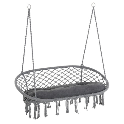 Patio Hammock Chair 2 Seat, Hanging Rope Hammock Swing Chair with Metal Frame and Cushion, Large Macrame Seat for Indoor