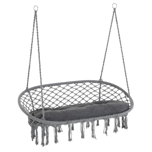 Patio Hammock Chair 2 Seat, Hanging Rope Hammock Swing Chair with Metal Frame and Cushion, Large Macrame Seat for Indoor