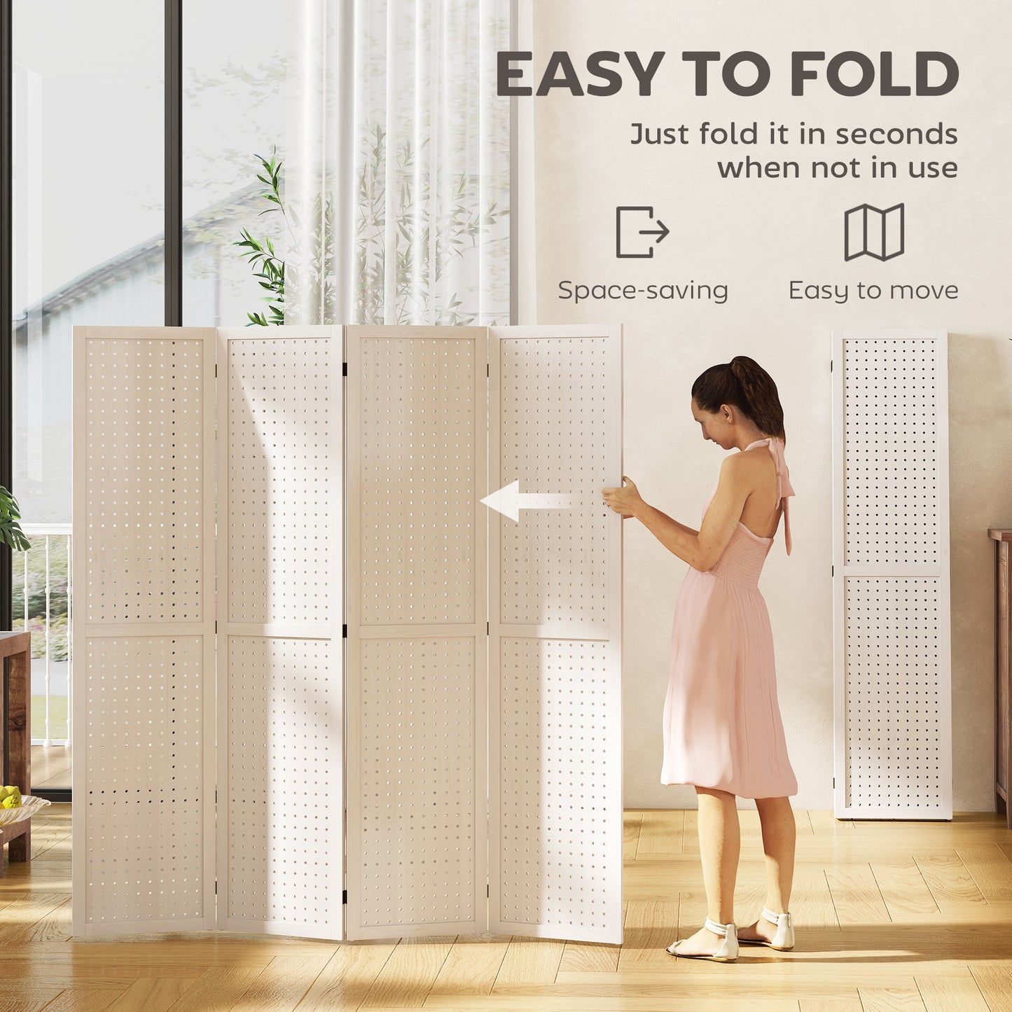 5.6 Ft. Tall 4-Panel Room Divider, Pegboard Panel Folding Privacy Screen, Partition Wall Divider for Bedroom, White