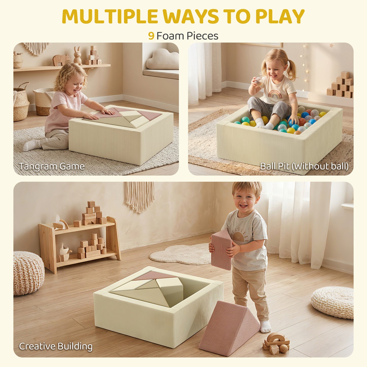 Qaba Toddlers Climbing Toys, 9-Piece Foam Climbing Blocks with Tangram Play, Washable Covers for Crawling or Ball Pit Pl