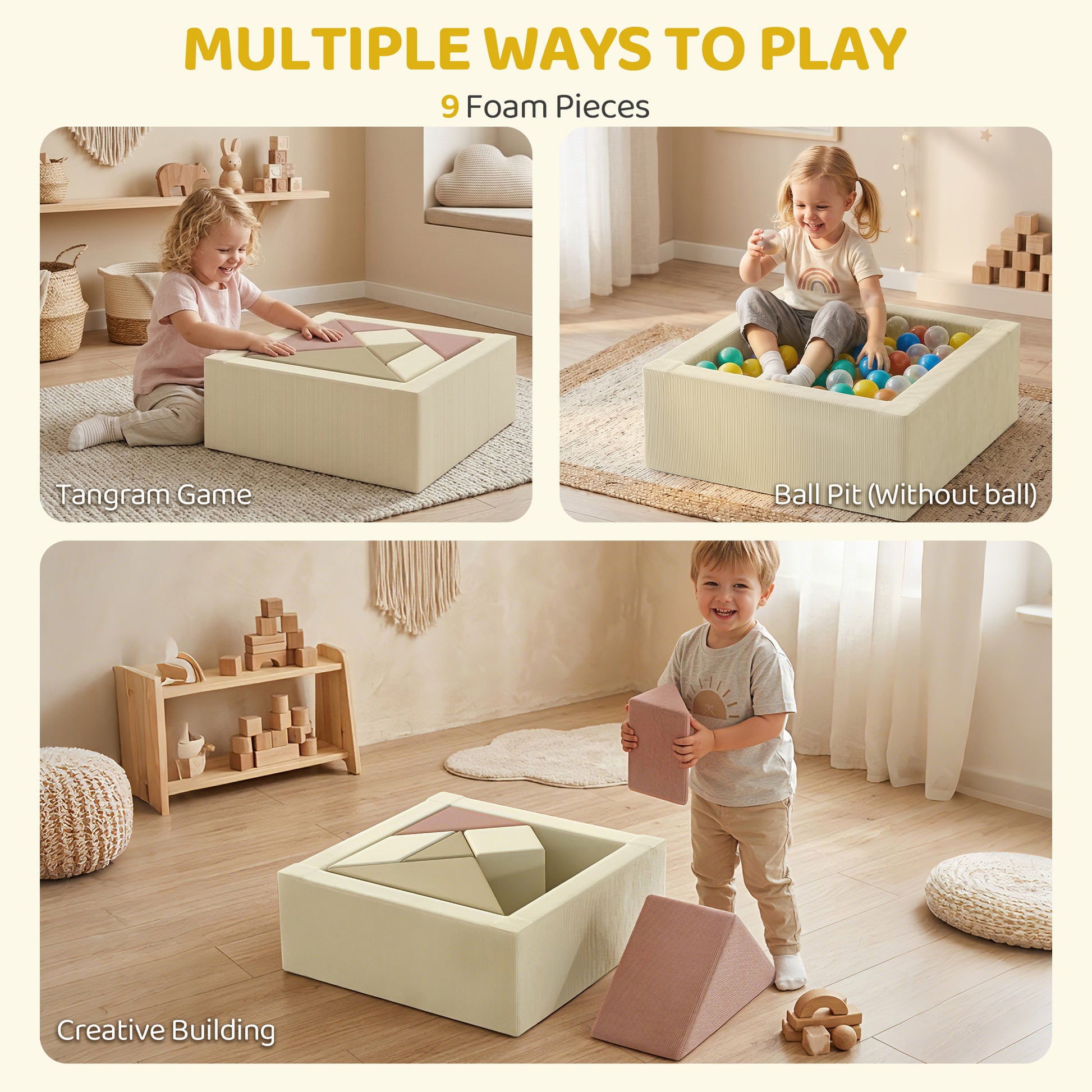 Qaba Toddlers Climbing Toys, 9-Piece Foam Climbing Blocks with Tangram Play, Washable Covers for Crawling or Ball Pit Pl