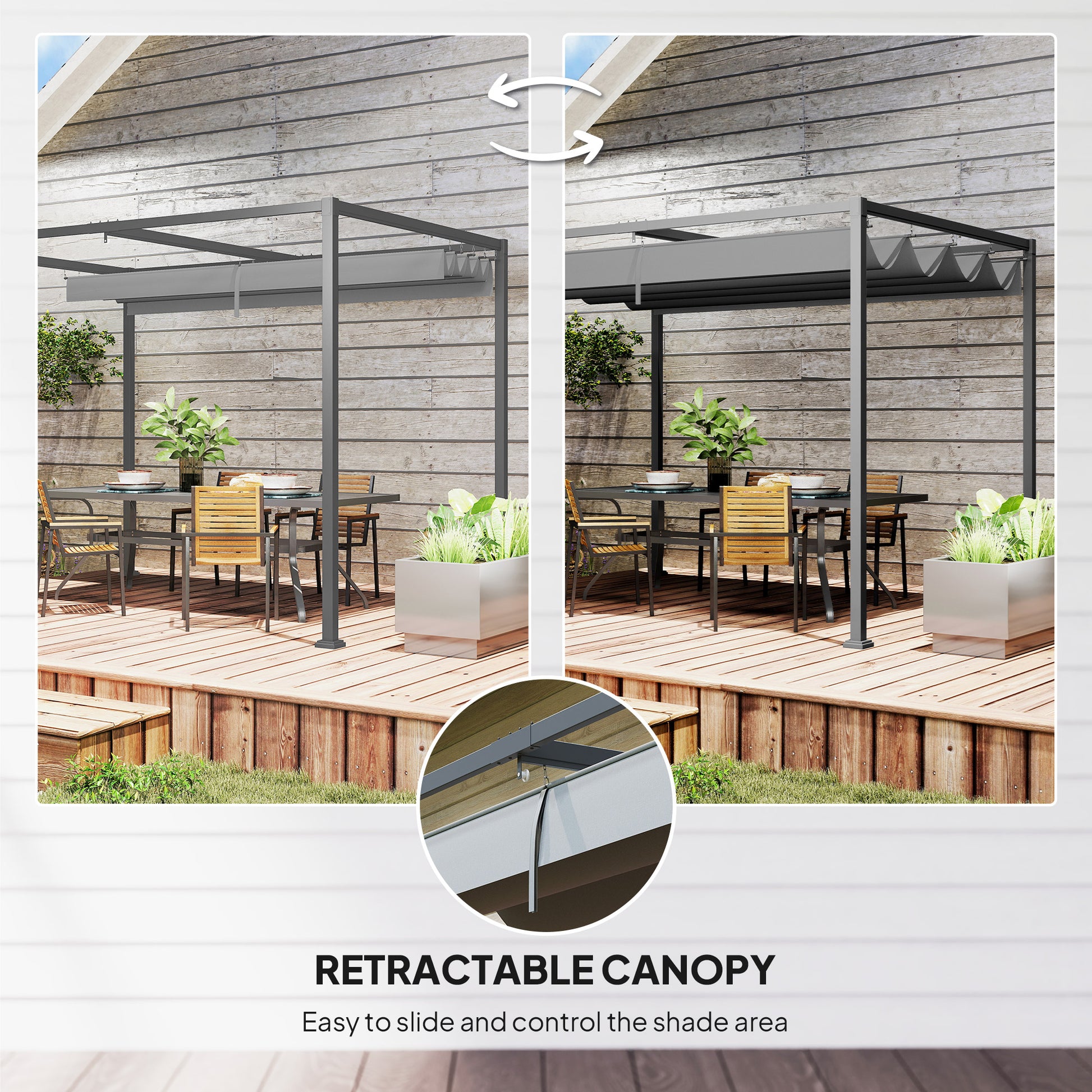 10x7ft Pergola with Retractable Roof Outdoor Patio Sun Shelter Garden Grape Tent Water-resistant Yard Shade Grey