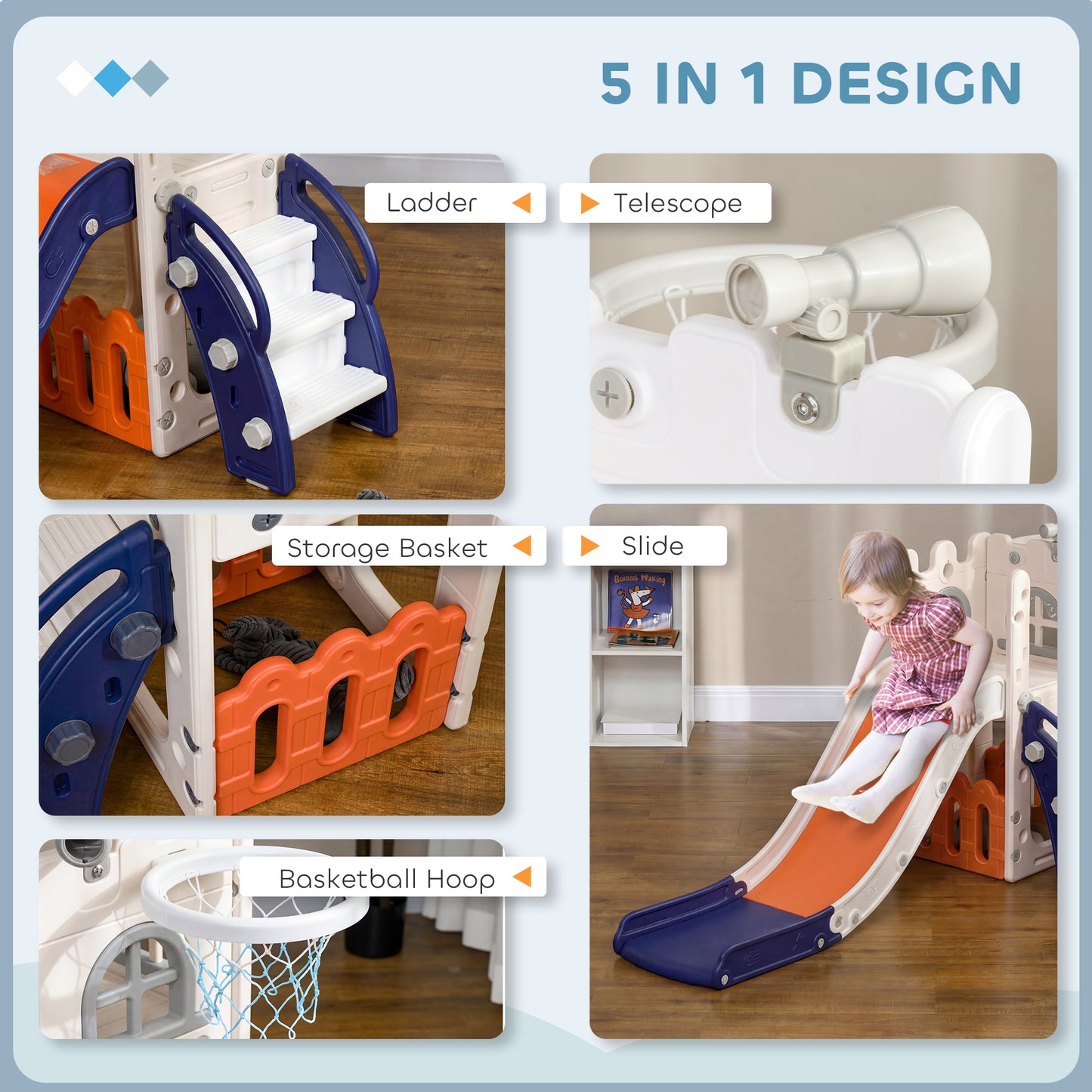 Qaba 5 in 1 Toddler Slide with Basketball Hoop, Climber, Telescope, Storage Basket, for 1-3 Years Kids Indoor Use, Orang