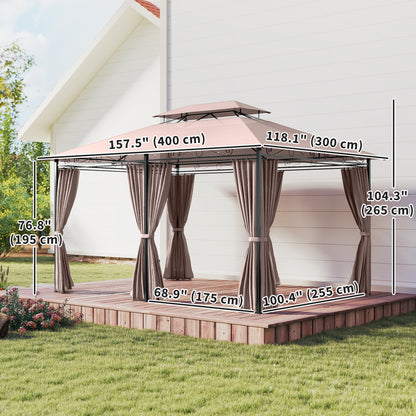10' x 13' Patio Gazebo, Outdoor 2-Tiers Garden Canopy Yard Sunshade Shelter with Curtains, Khaki