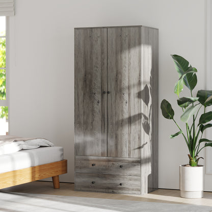 Modern Wardrobe Closet Armoire with 2 Drawers and Hanging Rod, Clothes Storage Organizer for Bedroom, Grey