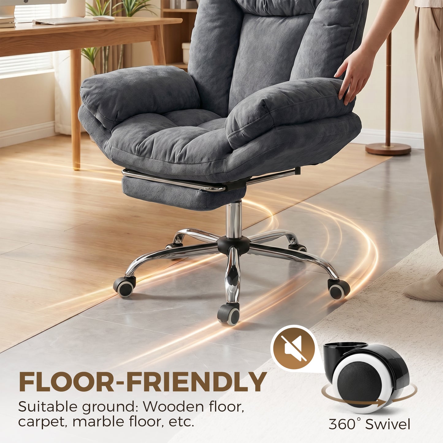 Criss Cross Chair with Wheels, Waterfall Armrests, Overstuffed Wide Office Chair with Footrest, Dark Grey