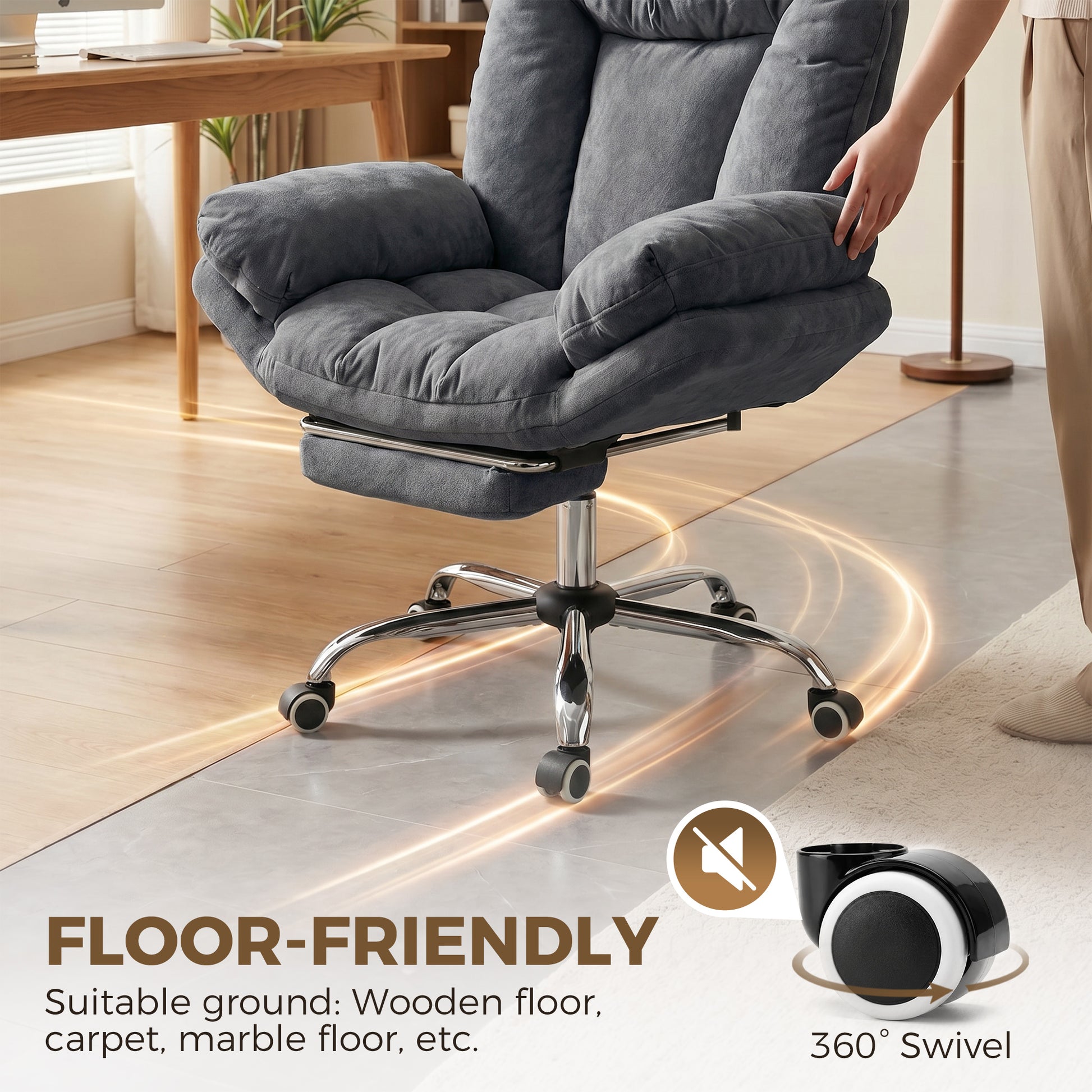 Criss Cross Chair with Wheels, Waterfall Armrests, Overstuffed Wide Office Chair with Footrest, Dark Grey
