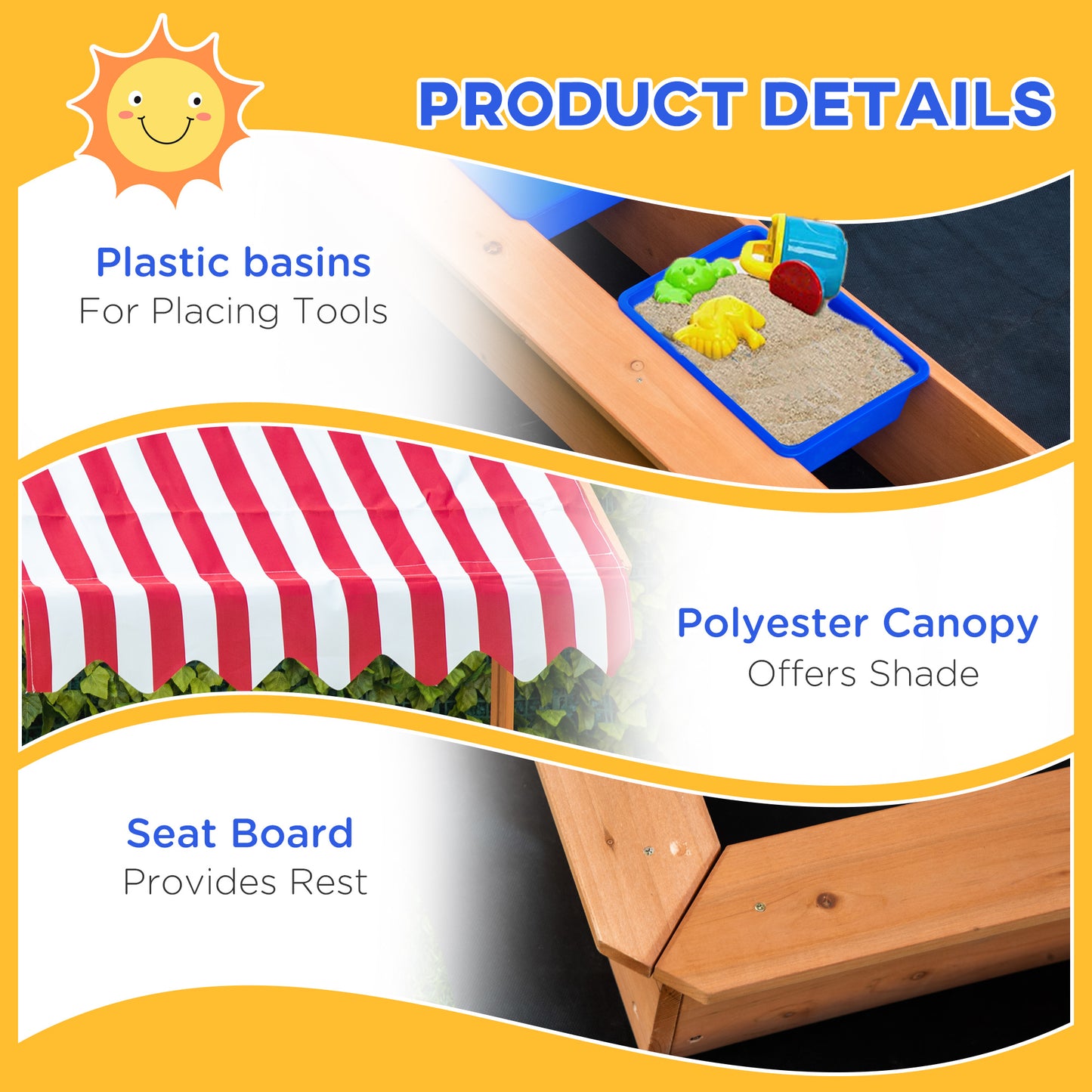 Kids Wooden Sandbox, Children Play Sand Station Outdoor with Adjustable Height Cover Lid, Bottom Liner, Seat, Plastic Ba