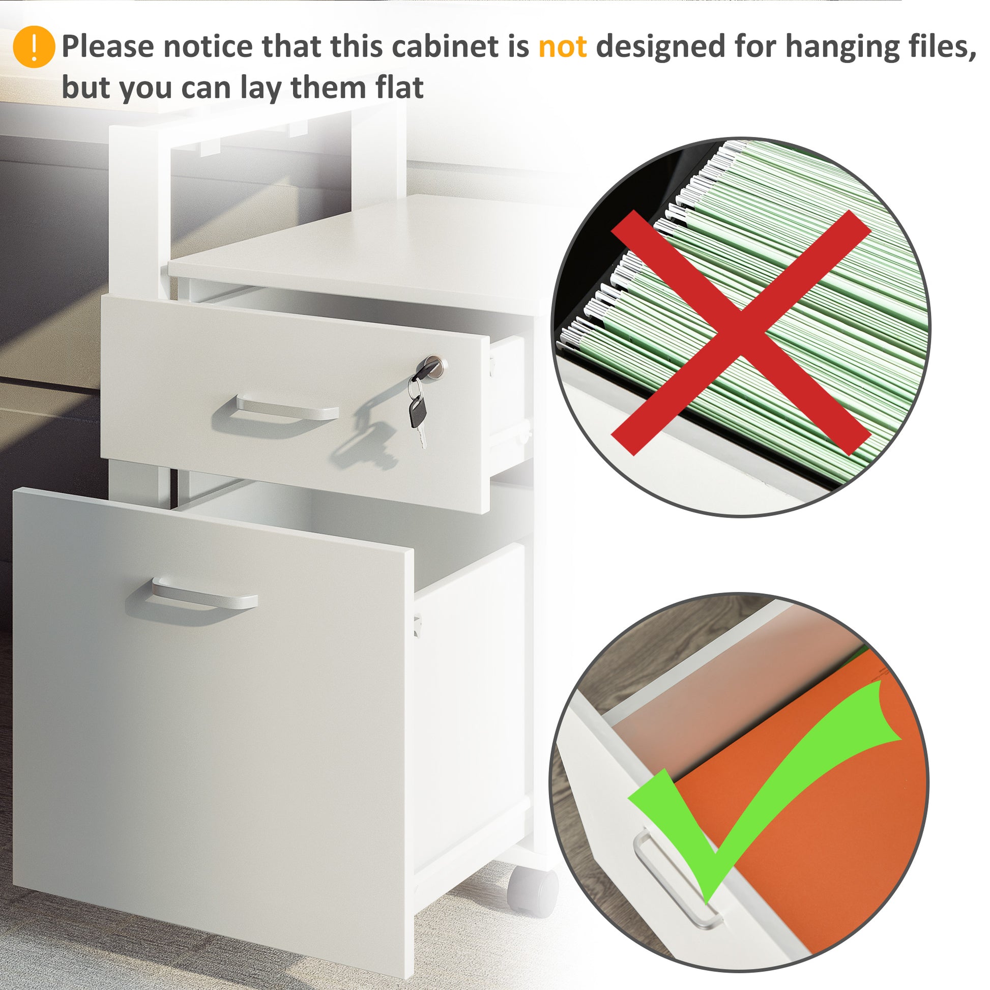 2 Drawer File Cabinet with Lock and Keys, Mobile Vertical Filing Cabinet with Wheels and Drawers, Home Office Cabinet, W