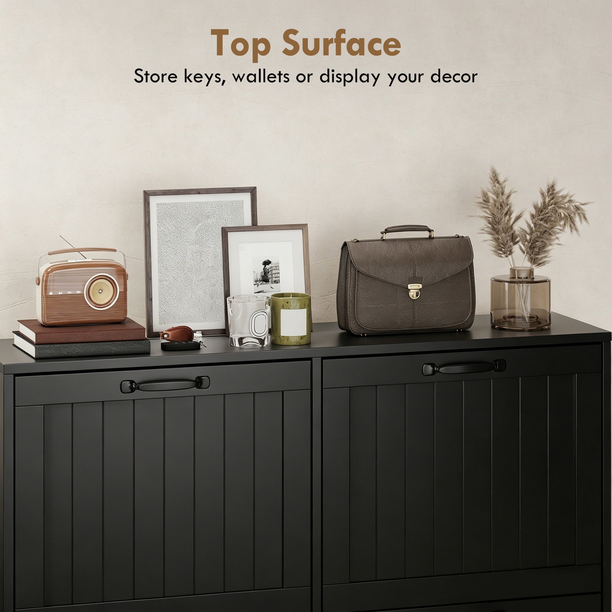 Shoe Cabinet with 4 Flip Drawers, Freestanding Narrow Shoe Storage Cabinet with Adjustable Shelves, Open Back, Black
