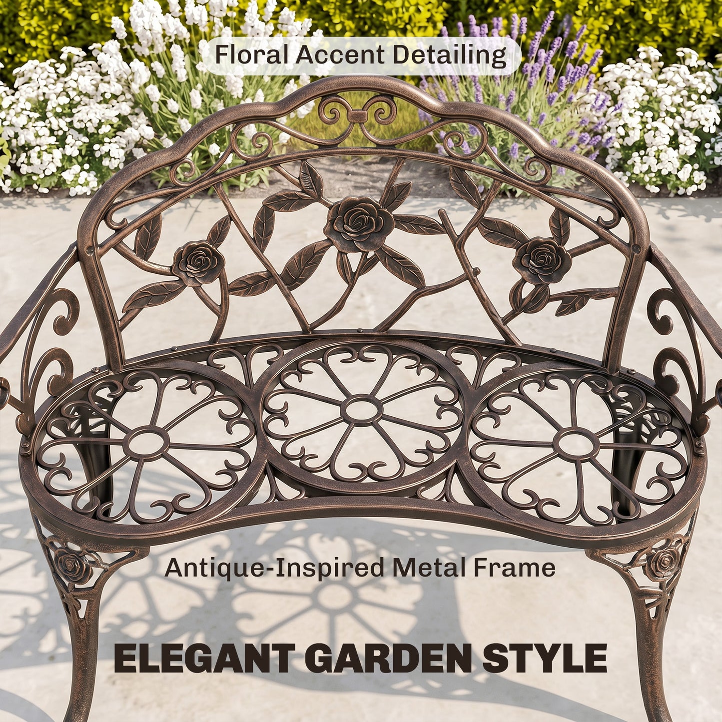 40" Outdoor Garden Bench, Cast Aluminum Antique Rose Style Patio Garden Park Loveseat Bench for Backyard, Porch, Balcony