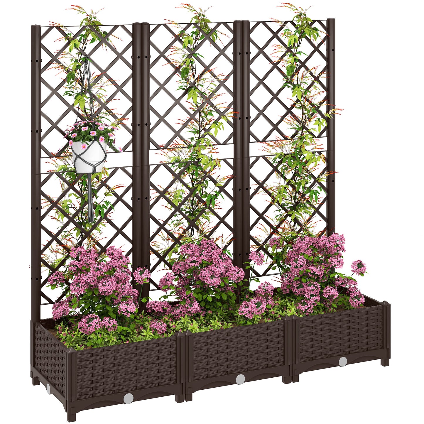 Raised Garden Bed with Trellis, PE Rattan Flower Bed with Drainage Holes and Drain Plugs, 47" x 16" x 48"
