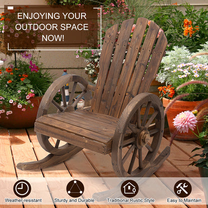 Patio Wooden Rocking Chair, Wagon Outdoor Rocker Chair with Slatted Design and Wheel Armrests for Garden, Carbonized