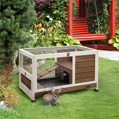 Wooden Indoor Rabbit Hutch Elevated Bunny Cage Habitat with Enclosed Run with Wheels, Ideal for Rabbits and Guinea Pigs,