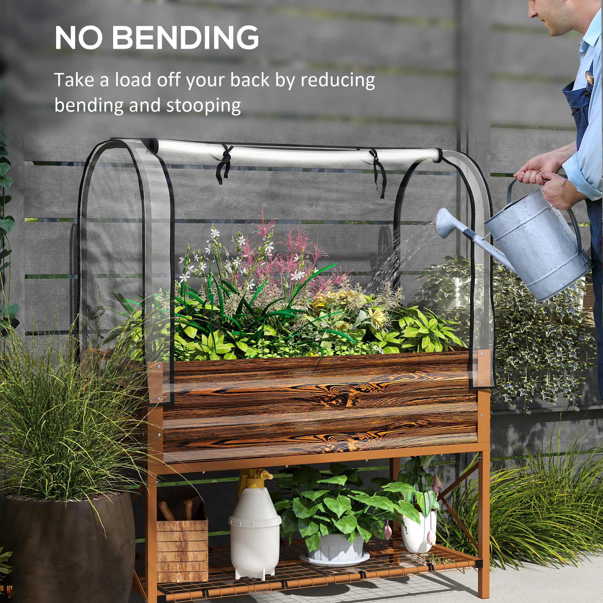 Raised Garden Bed with Cover, Metal Elevated Planter Box with Bottom Shelf and Liner, Dark Brown Wood Effect