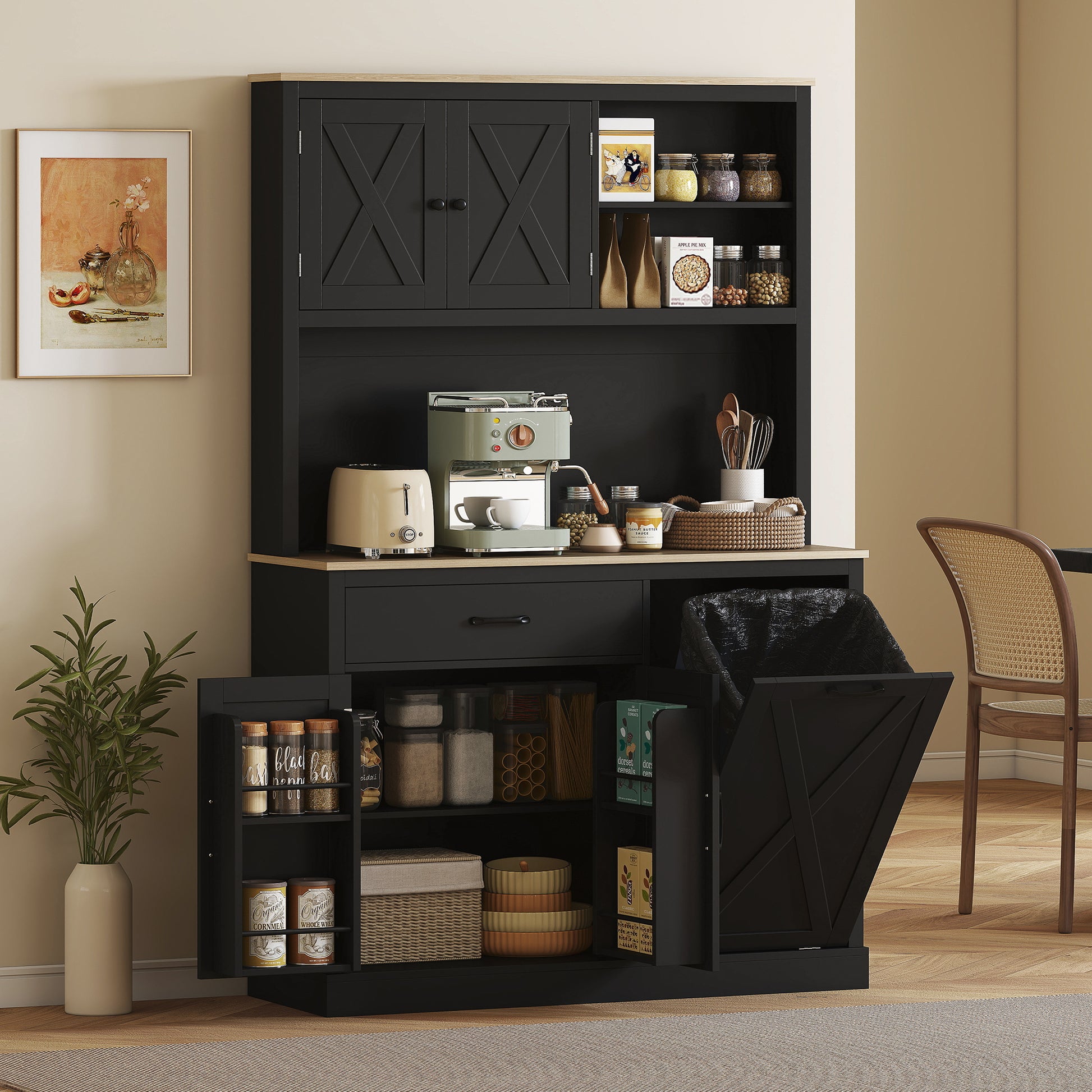 69" Pantry Cabinet with Charging Station, Kitchen Cabinet with Microwave Stand, Tilt-Out Trash Can Cabinet, Black