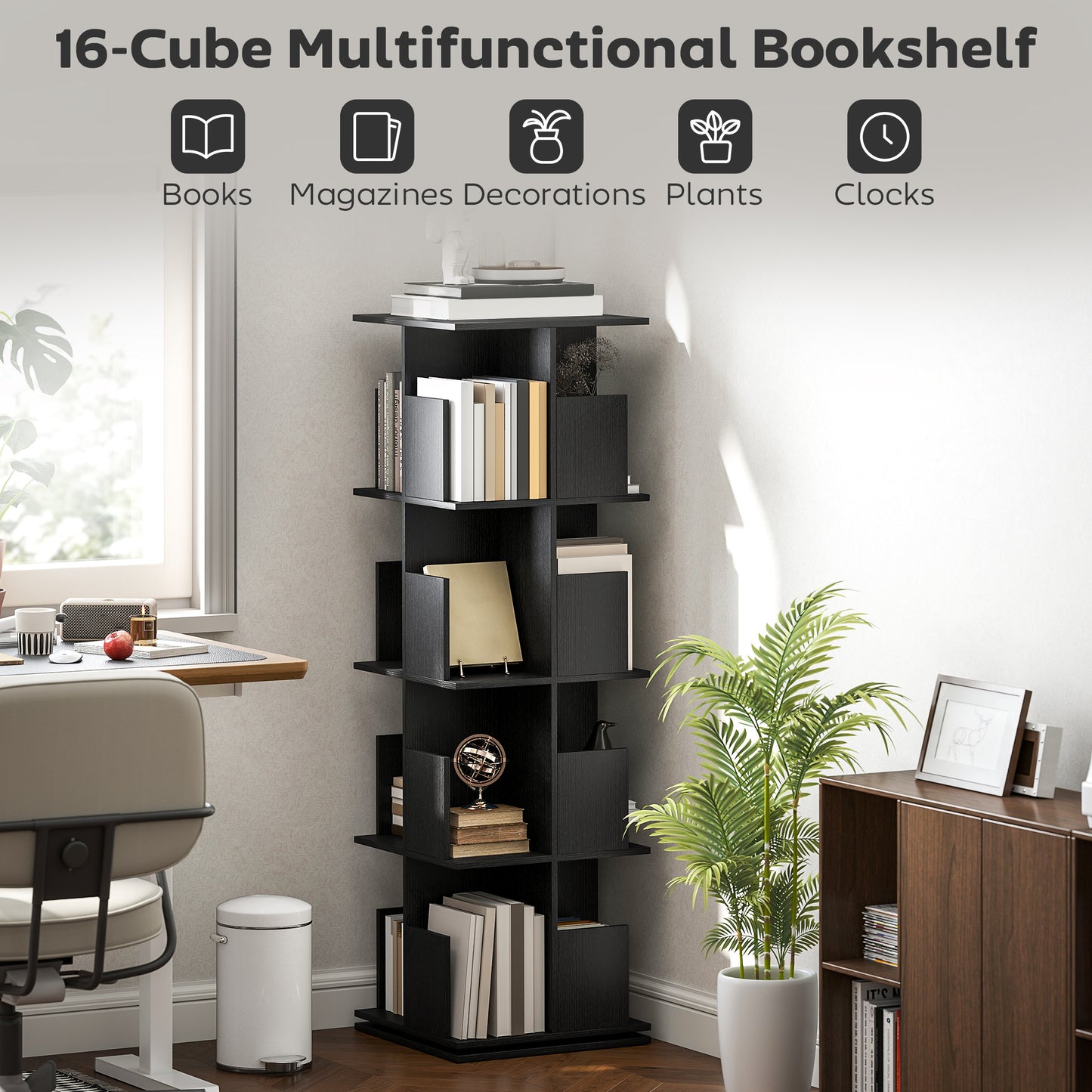 360° Rotating Bookcase with Anti-Tipping Straps, Anti-Slip Foot Pads, 4 Tier Bookshelf with 16 Cubbies for Books, Plants