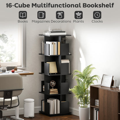360° Rotating Bookcase with Anti-Tipping Straps, Anti-Slip Foot Pads, 4 Tier Bookshelf with 16 Cubbies for Books, Plants
