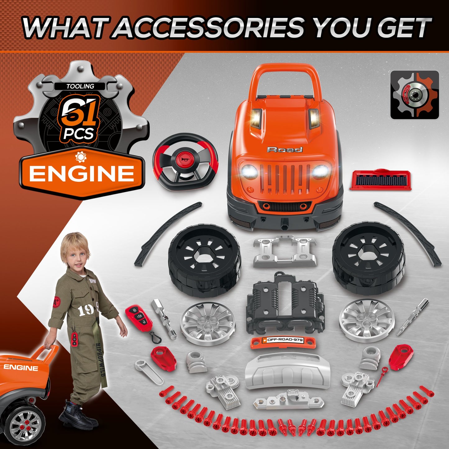 Qaba Kids Truck Engine Toys, Kids Mechanic Workshop Set with Light, Sounds, Steering Wheel and Horn for Boys Girls 3 4 5
