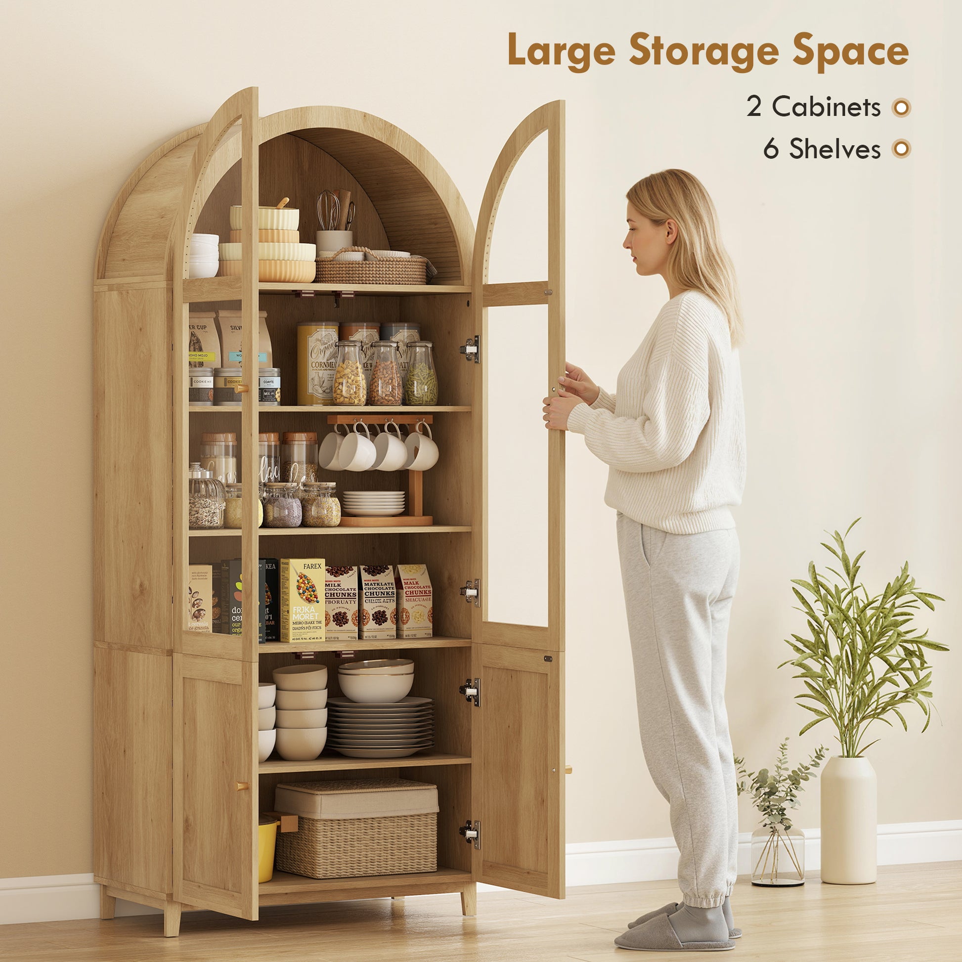 Arched Kitchen Pantry Cabinet, 71" Tall Farmhouse Kitchen Storage Cabinet with Acrylic Glass Doors, Oak