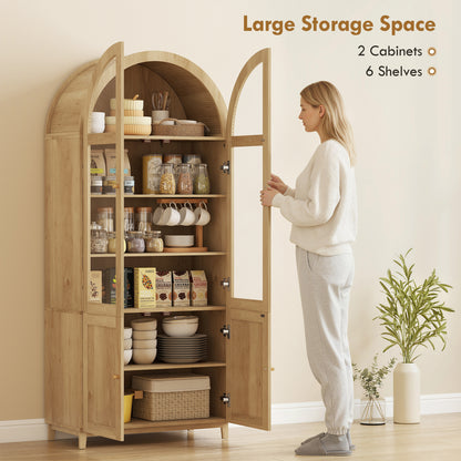 Arched Kitchen Pantry Cabinet, 71" Tall Farmhouse Kitchen Storage Cabinet with Acrylic Glass Doors, Oak