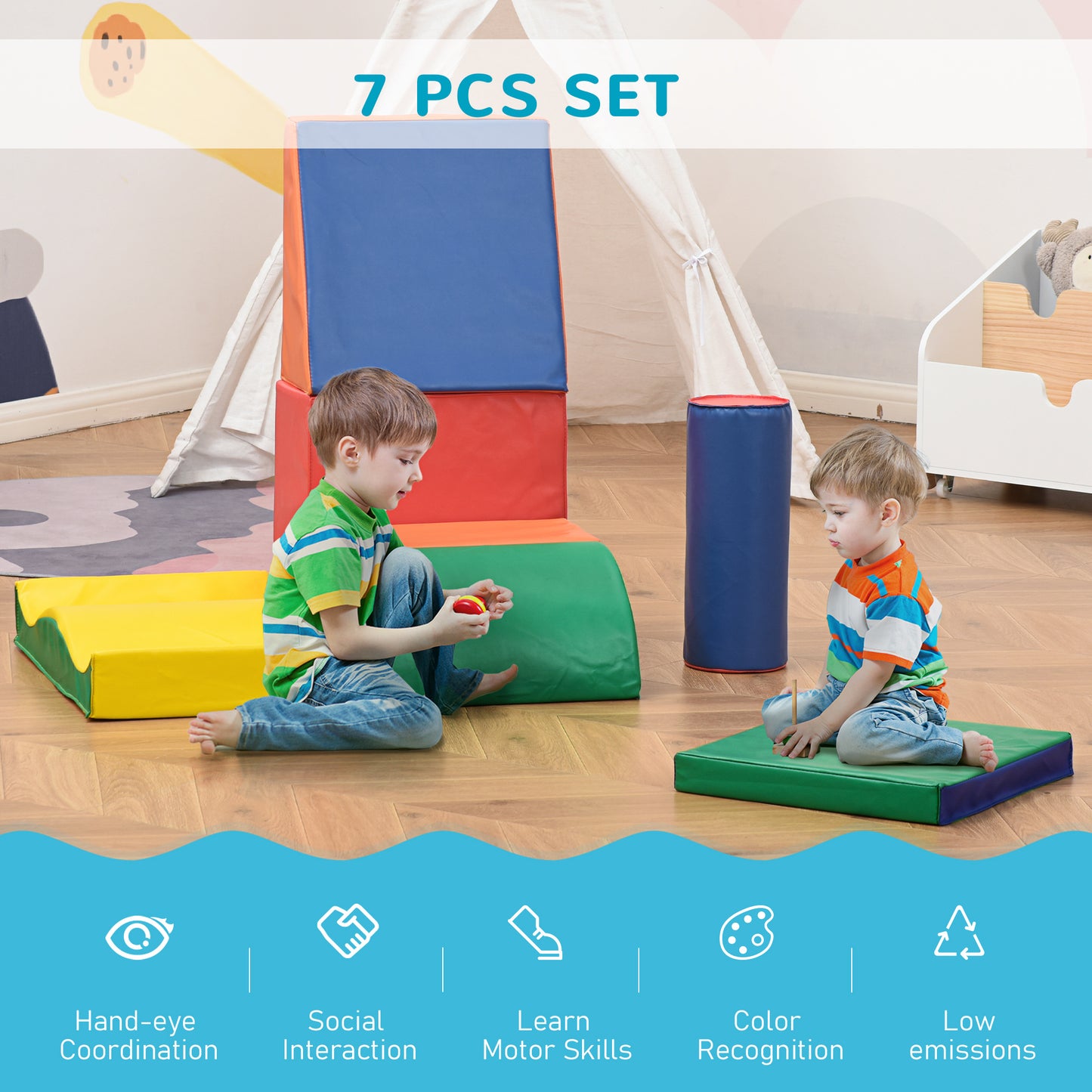 Soozier 7 Pieces Soft Play Foam Climbing Blocks, Indoor Modular Kids Play Toys for Climbing, Crawling, Sliding, Multicol