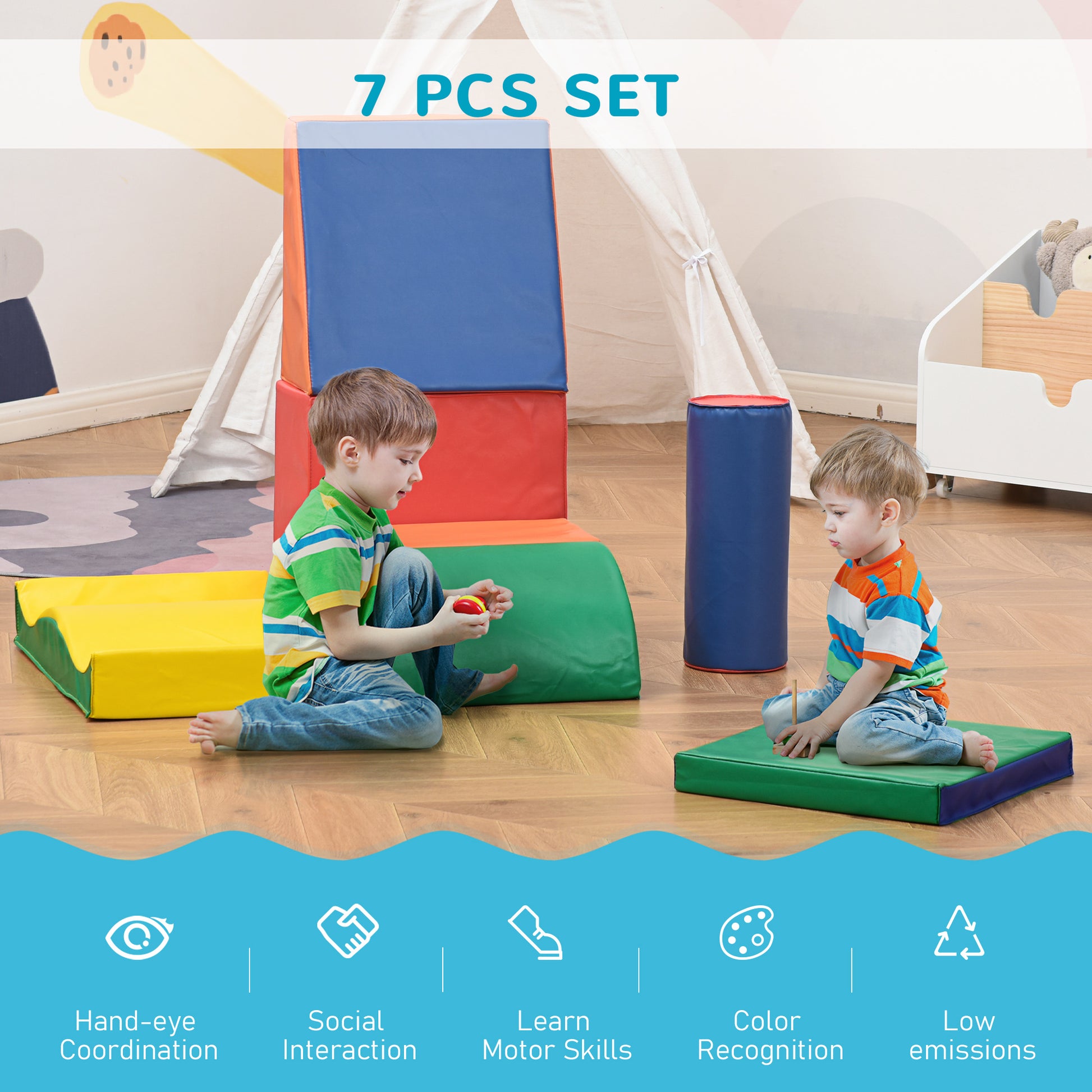 Soozier 7 Pieces Soft Play Foam Climbing Blocks, Indoor Modular Kids Play Toys for Climbing, Crawling, Sliding, Multicol