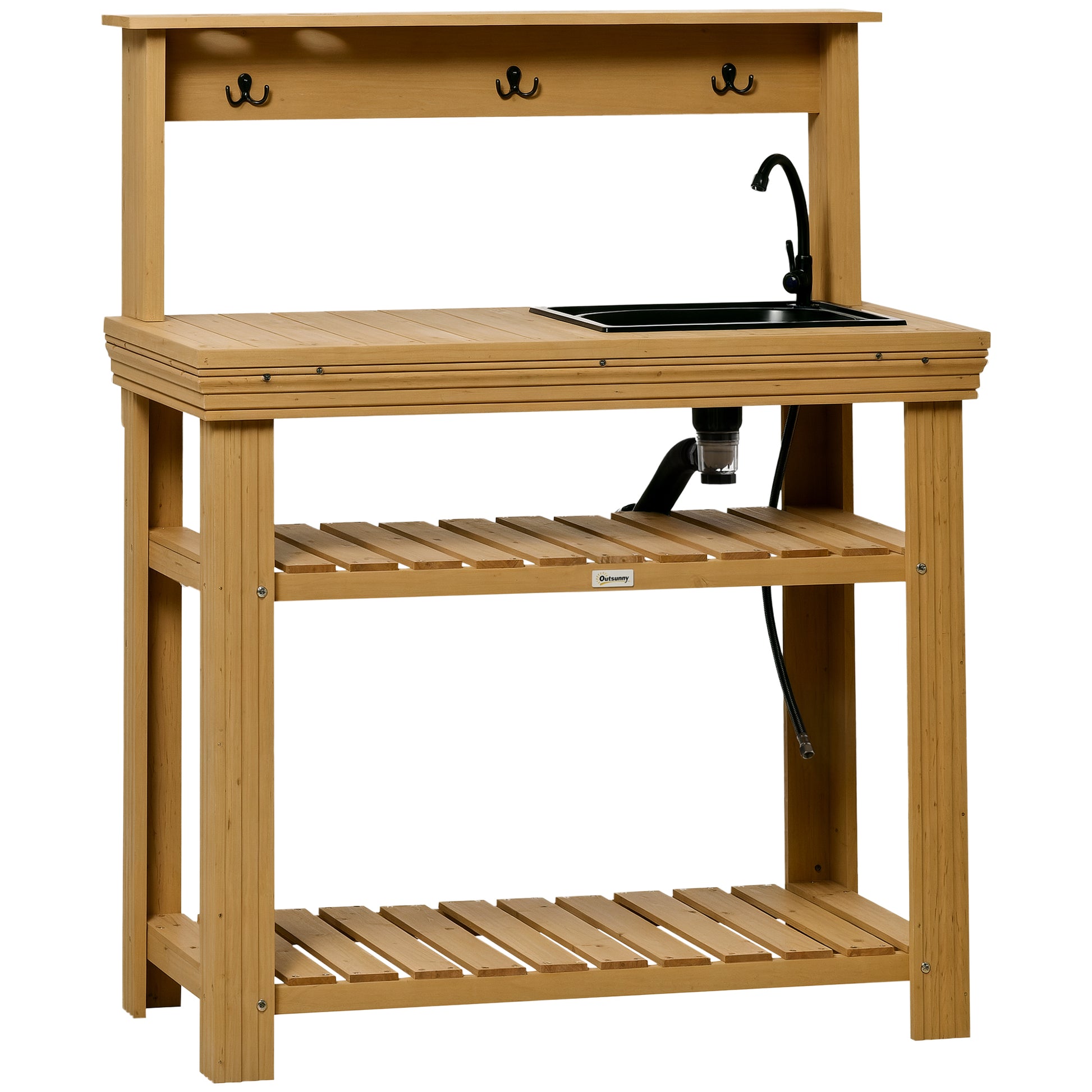 Outdoor Potting Bench Table with Faucet, Removable Sink, Hooks and Storage Shelves, Wood Work Bench Workstation for Gree