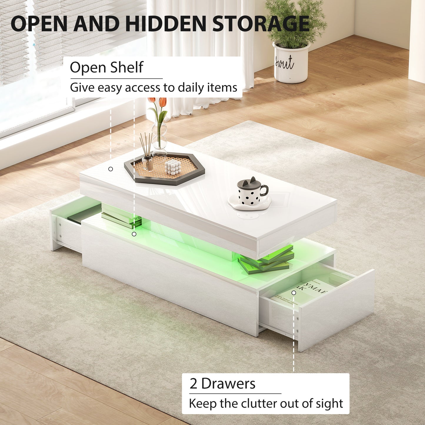 LED Coffee Table, Living Room Table with 2 Drawers and Open Shelf, High Gloss White