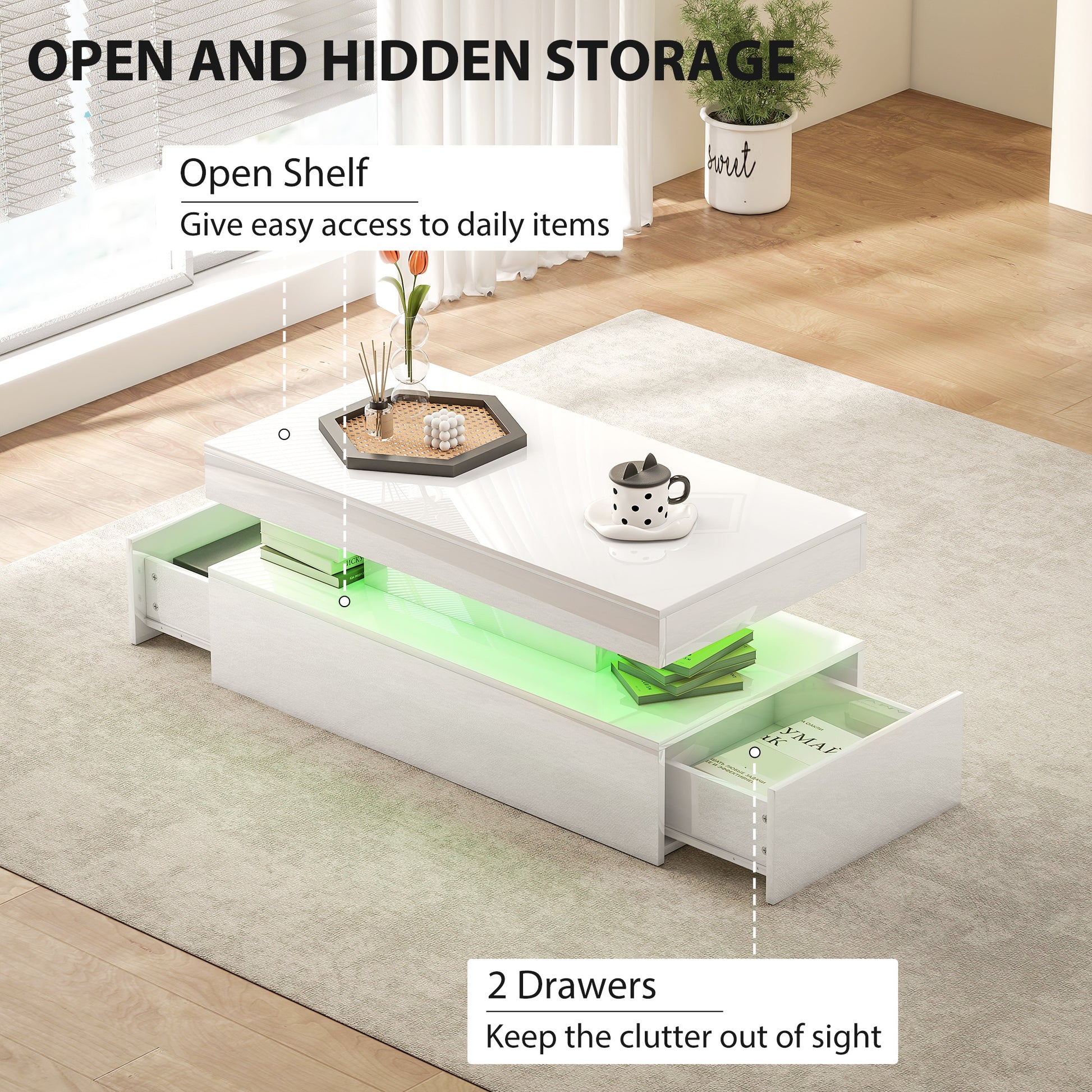 LED Coffee Table, Living Room Table with 2 Drawers and Open Shelf, High Gloss White