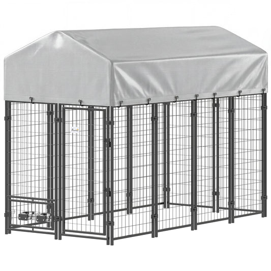 8' x 4' x 6' Outdoor Dog Kennel, Dog Kennel Outside Run with 360° Rotating Bowls, Waterproof & UV Resistant Cover