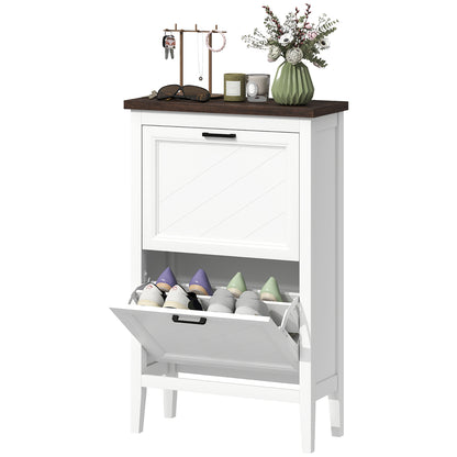Shoe Cabinet with 2 Flip Drawers, Farmhouse Narrow Shoe Storage Cabinet with Adjustable Shelves, White