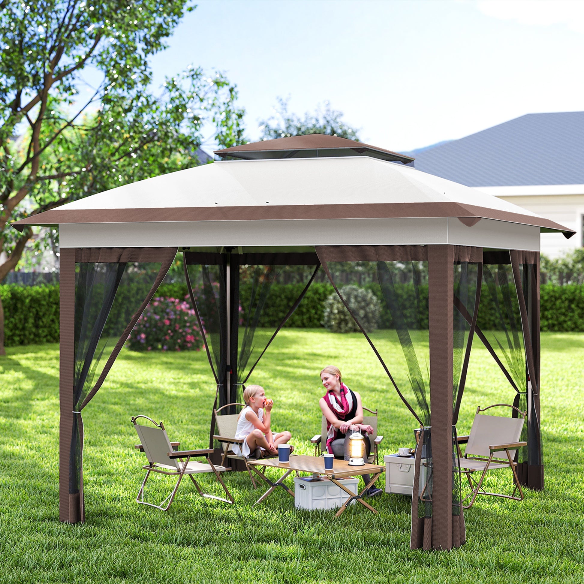 12' x 12' Pop Up Canopy Sun Shade Instant Tent Folding with Mesh Sidewalls, Beige and Dark Brown