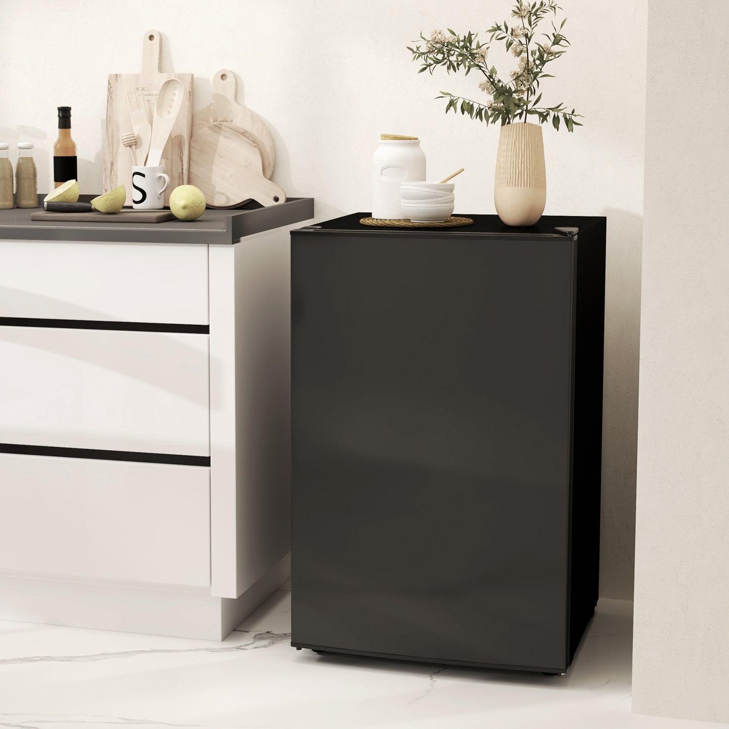 4.5 Cu Ft Mini Fridge with Freezer, Wheels, Single Door Refrigerator, Adjustable Thermostat, Reversible Door, Black