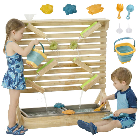 18 Pcs Kids Running Water and Sand Playset Outdoor with Sinks, Wooden Sensory Toys with Colorful Accessories, Gift for B