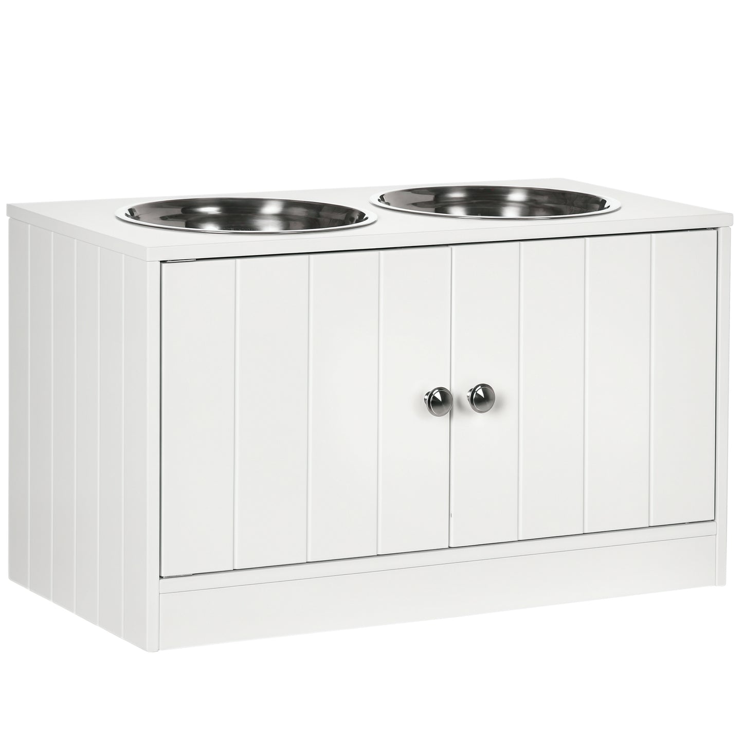Elevated Dog Bowls for Large Dogs Pet Feeding Station with Stand, Storage, 2 Stainless Steel Food and Water Bowls, White