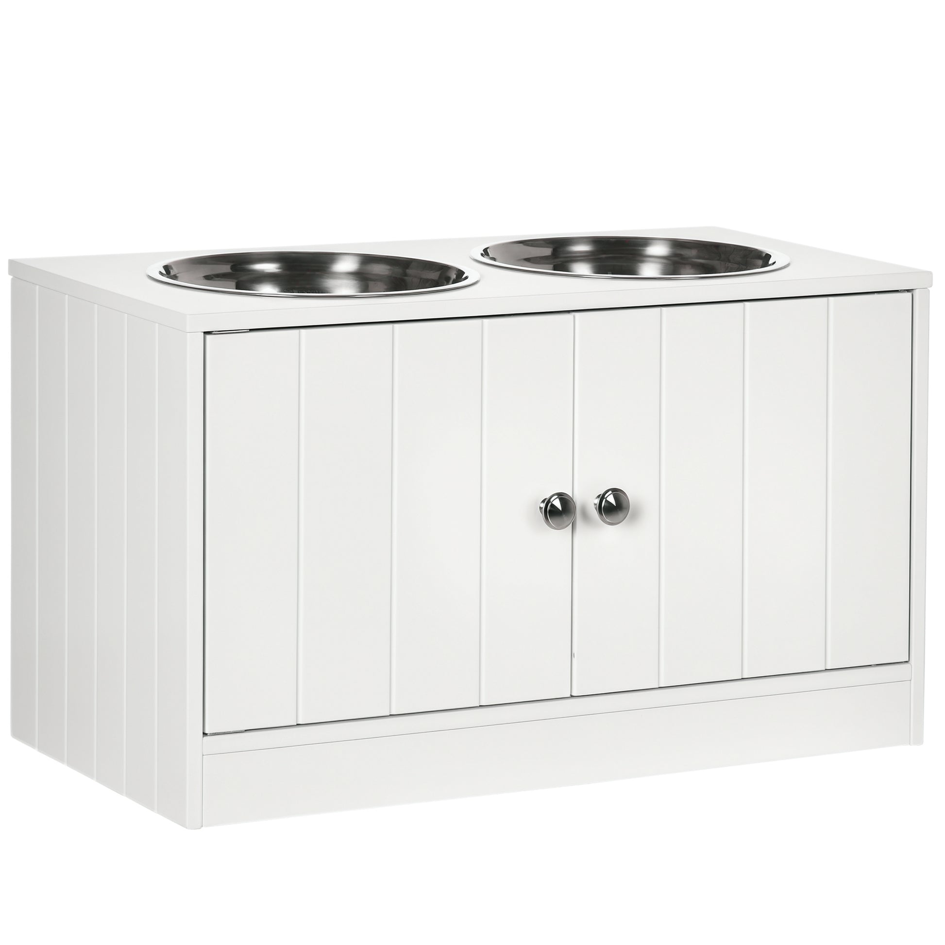 Elevated Dog Bowls for Large Dogs Pet Feeding Station with Stand, Storage, 2 Stainless Steel Food and Water Bowls, White