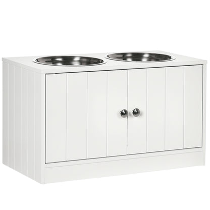 Elevated Dog Bowls for Large Dogs Pet Feeding Station with Stand, Storage, 2 Stainless Steel Food and Water Bowls, White