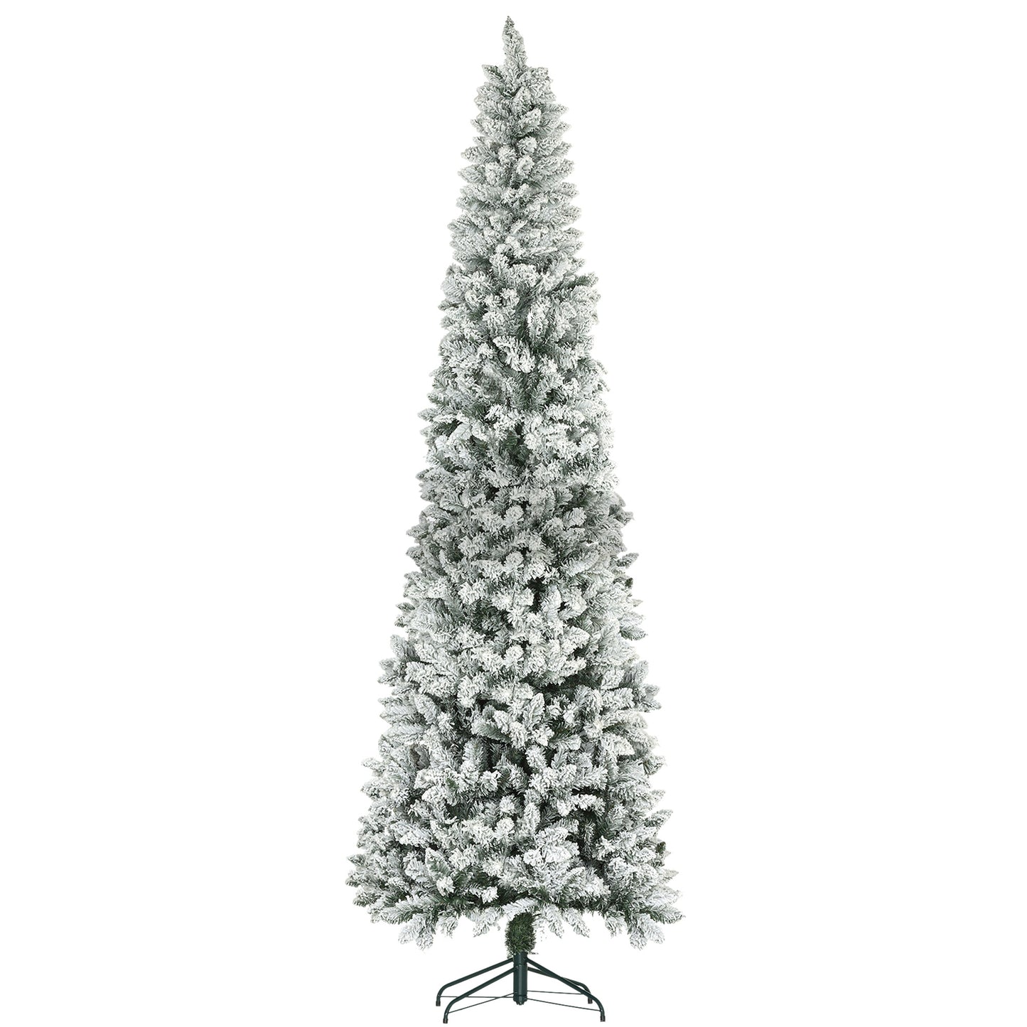 9ft Pencil Christmas Tree, Flocked Tree with 1277 Branch Tips and Metal Base for Home, Indoor, Holiday