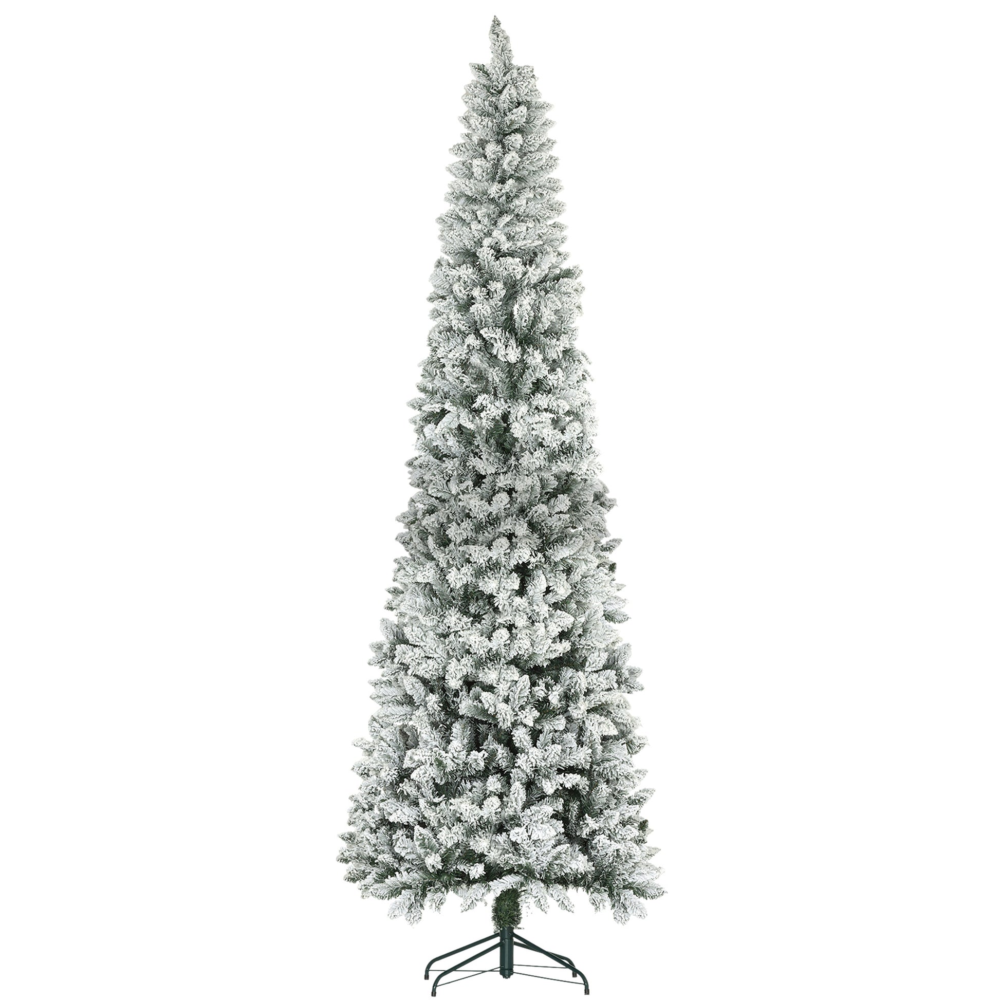 9ft Pencil Christmas Tree, Flocked Tree with 1277 Branch Tips and Metal Base for Home, Indoor, Holiday