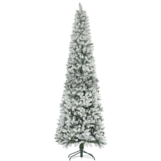 9ft Pencil Christmas Tree, Flocked Tree with 1277 Branch Tips and Metal Base for Home, Indoor, Holiday