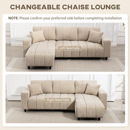 Sectional Couch with Integrated Seat, 3 Seater L-Shaped Sofa with Changeable Chaise, Spring Cushion, 2 Pillows, Beige