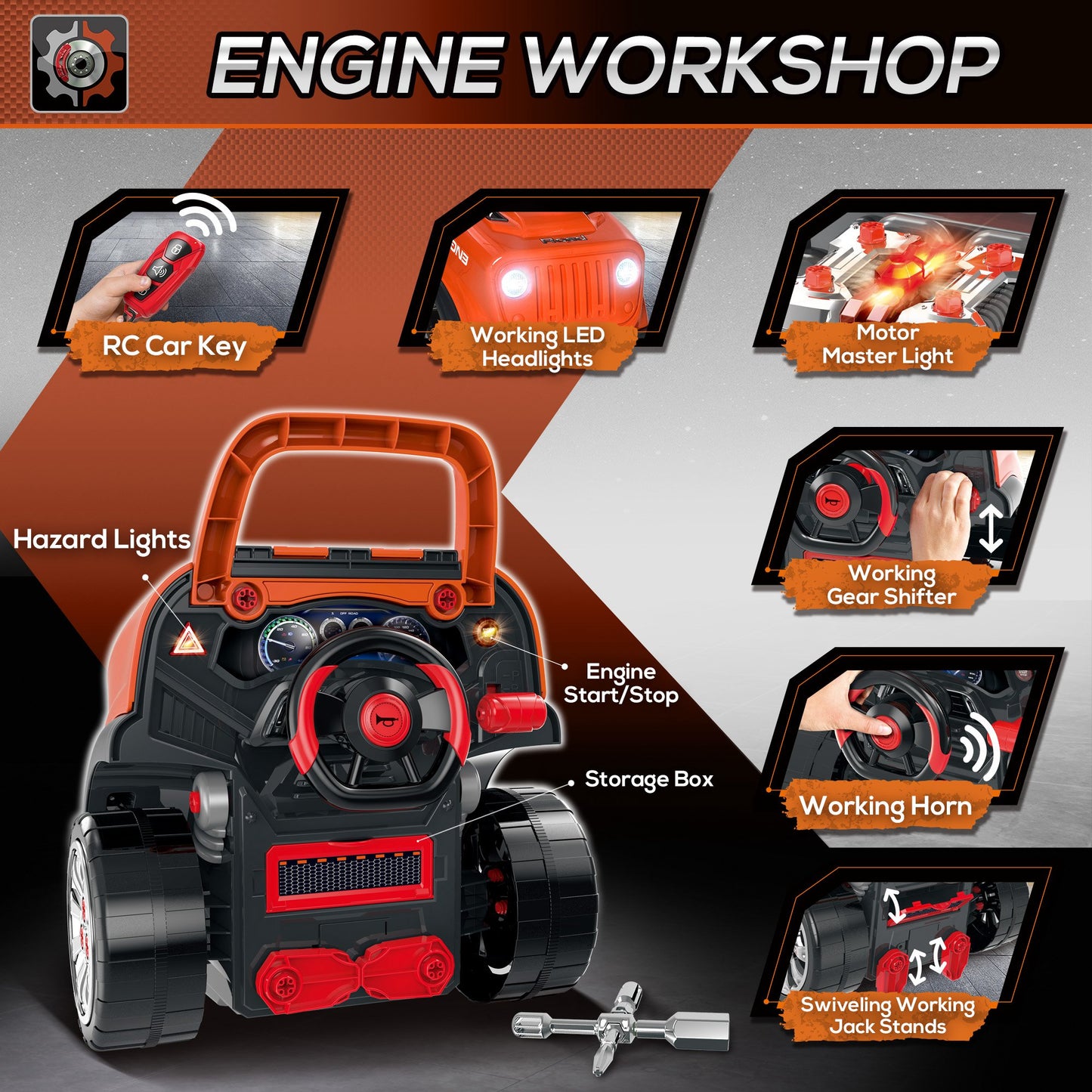 Qaba Kids Truck Engine Toys, Kids Mechanic Workshop Set with Light, Sounds, Steering Wheel and Horn for Boys Girls 3 4 5