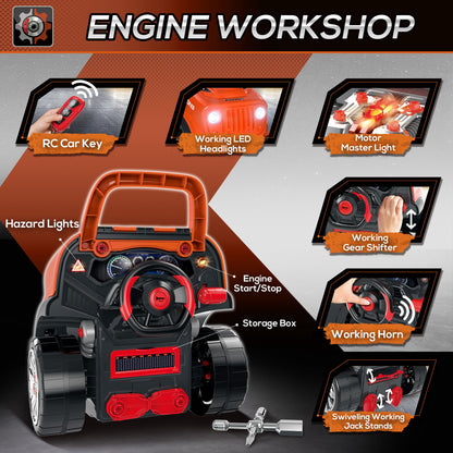 Qaba Kids Truck Engine Toys, Kids Mechanic Workshop Set with Light, Sounds, Steering Wheel and Horn for Boys Girls 3 4 5