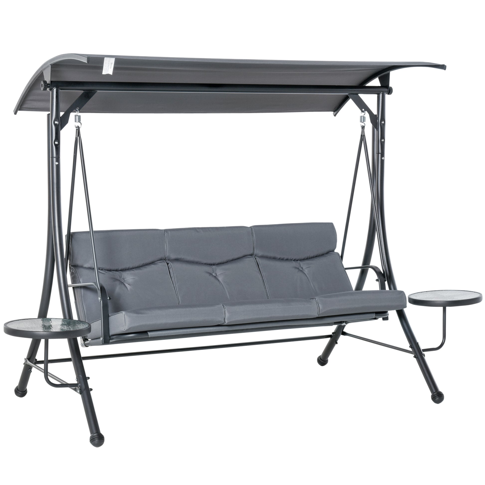 3 Seat Outdoor Swing Chair Steel Swing Bench Porch Swing With Adjustable Canopy, Coffee Tables and Cushion for Patio Gar