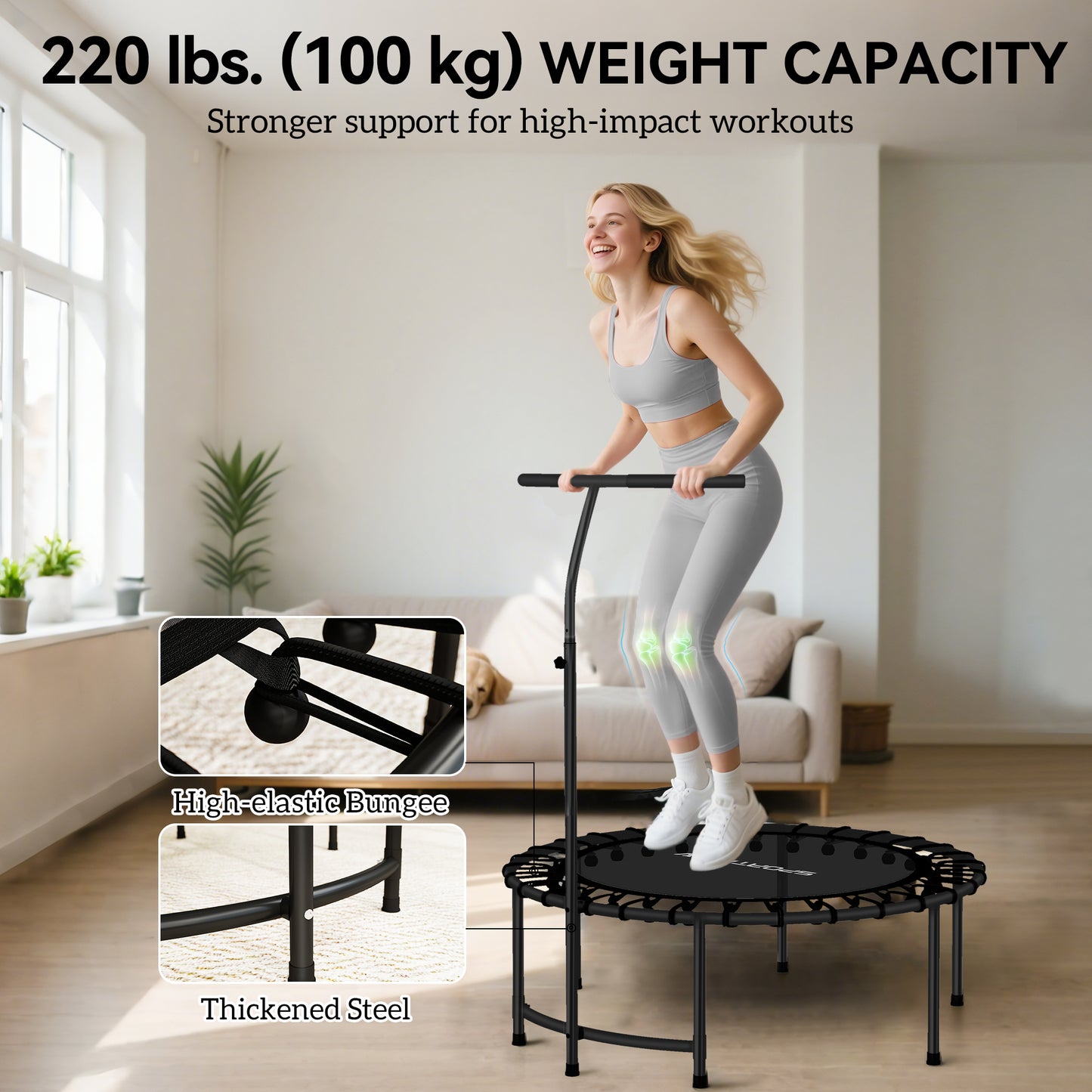 Soozier 40" Foldable Rebounder Trampoline ,Mini Trampoline Indoor with Adjustable Handle, Quiet and Safe Bungee Rebounde