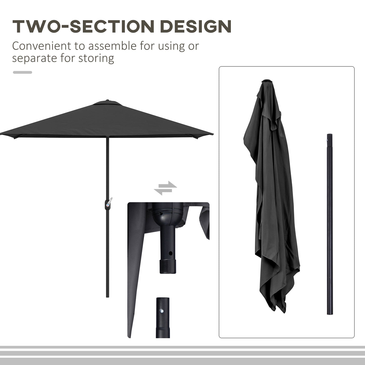 8ft Half Round Umbrella Outdoor Balcony Parasol Patio Garden Outdoor Window Sun Shade w/ 5 Ribs