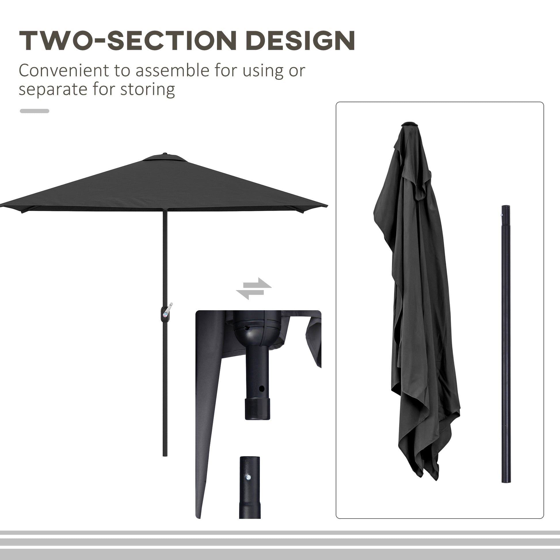 8ft Half Round Umbrella Outdoor Balcony Parasol Patio Garden Outdoor Window Sun Shade w/ 5 Ribs