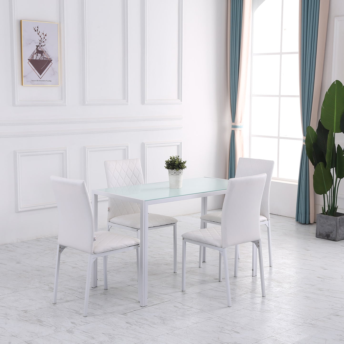 Modern Dining Chairs Set of 4, Upholstered Faux Leather Kitchen Chairs with Rhombic Tufting and Metal Legs for Living Ro